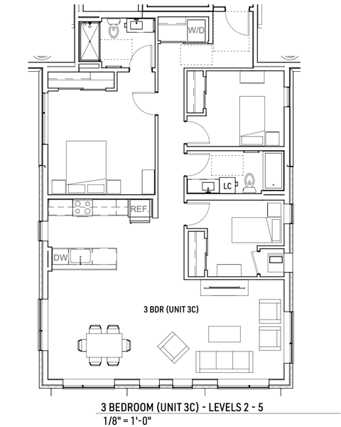 A floor plan of a 3 bedroom apartment.
